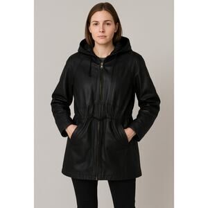 Vintage Outbrook Black Nappa Leather Hooded Coat Women’s L Quilted Lined Parka